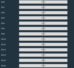 Configuration table with dropdown settings for IO0–IO16 pins