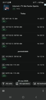 Zrzut ekranu z aplikacji NetMonster prezentujący szczegóły połączeń sieci 4G, w tym pasma i identyfikatory nadajników dla operatorów Play oraz T-Mobile.