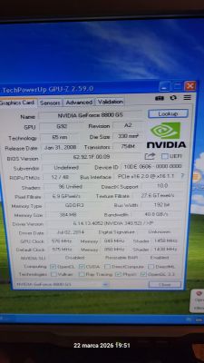 Okno TechPowerUp GPU‑Z z danymi karty NVIDIA GeForce 8800 GS na ekranie komputera.