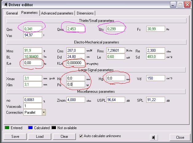 WinISD, parametry głośnika, fioletowe i czerwone kółka.