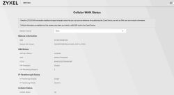 Panel ZyXEL NR7302: Cellular WAN Status z informacjami o module, SIM i IP Passthrough