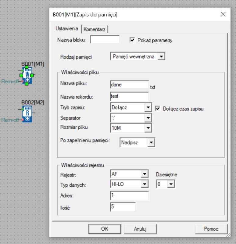 Okno dialogowe konfiguracji bloku Zapis do pamięci w programie do symulacji automatyki.