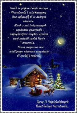 Kartka świąteczna z życzeniami i ilustracją domku w zimowej scenerii