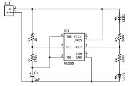 NE555 circuit diagram with two LEDs and passive components