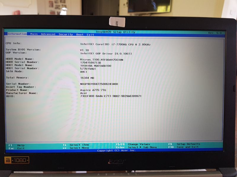 Acer Aspire 7 - Prawdopodobnie padł bios, automatyczna naprawa