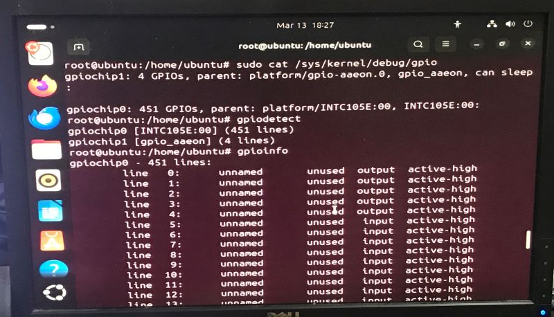 Ekran Ubuntu z terminalem i komendami dotyczącymi GPIO (gpiodetect, gpioinfo).