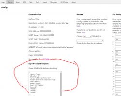 Screenshot of a device configuration panel interface with a template export section.