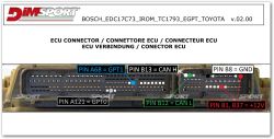 BOSCH EDC17C73 ECU connector with pinout: GPT1, GPT0, CAN H, CAN L, GND, and +12V.