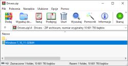 Okno programu do archiwizacji z otwartym plikiem Drivers.zip, zawierającym folder z nazwą Windows 7_10_11-32&amp;64.