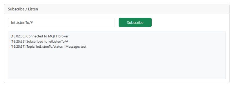 Browser-based MQTT subscription using WebSocket MQTT subscription interface with topic input and status logs