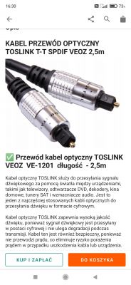 Kabel optyczny TOSLINK T-T SPDIF VEOZ 2,5m z opisem zastosowania.