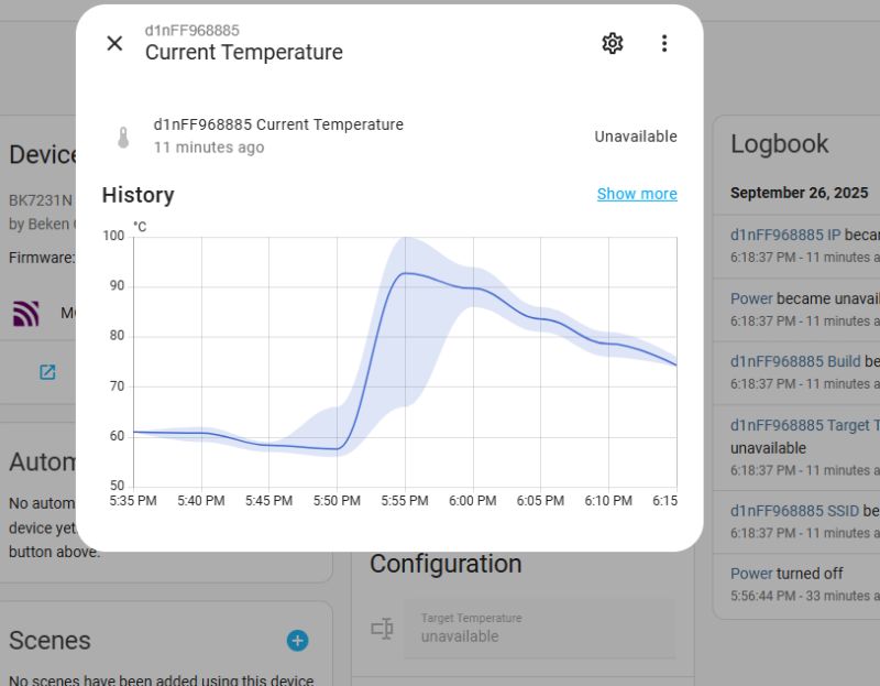 Temperature history of SMART06B kettle in Home Assistant Kettle temperature graph showing rise to around 95°C, followed by a drop