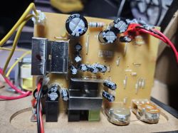 Zbliżenie na płytkę PCB z kondensatorami, radiatorami i przewodami wewnątrz głośnika.