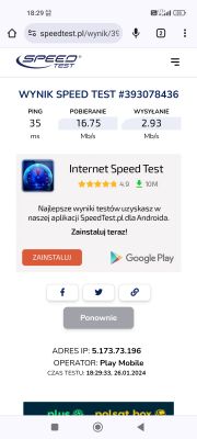 Zrzut ekranu z wynikami testu prędkości internetu, pokazujący ping 35 ms, prędkość pobierania 16.75 Mb/s i wysyłania 2.93 Mb/s.