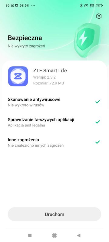 Ekran skanowania aplikacji ZTE Smart Life z informacją, że jest bezpieczna