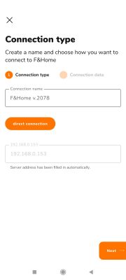 Connection type setup screen for F&amp;Home app with connection name and server address fields filled.