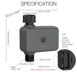 Specification of Moes Smart Water Valve Smart water valve by Moes with Zigbee connection options and labeled dimensions.