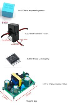 Components of the power meter module with chip BL0942: ZMPT101B voltage sensor, AC current transformer sensor, BL0942 energy metering chip, and power supply module.