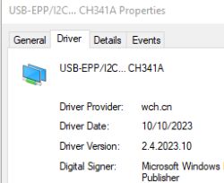 Driver properties for USB-EPP/I2C CH341A showing date 10/10/2023 and version 2.4.2023.10