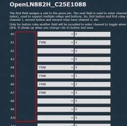 Screenshot of OpenLN882H_C25E1088 pin configuration with PWM settings.