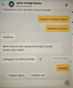 Zrzut ekranu czatu z agentem obsługi klienta na platformie zakupowej.