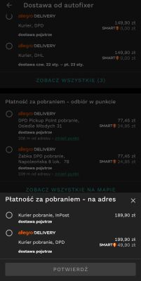 Ekran z Allegro z wysokimi kosztami dostawy zależnymi od metody i punktu odbioru