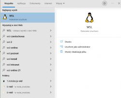 WSL Search Result in Windows Start Menu Screenshot of the Windows search showing the WSL app with a penguin icon in the results.