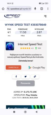 Zrzut ekranu z wyniku testu prędkości internetu z pingiem 41 ms, pobieraniem 11.50 Mb/s i wysyłaniem 2.87 Mb/s.