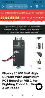Strona produktu regulatora Flipsky 75200 z napięciem do 84 V Zrzut ekranu strony produktu regulatora Flipsky 75200 z informacją o napięciu 4–20s