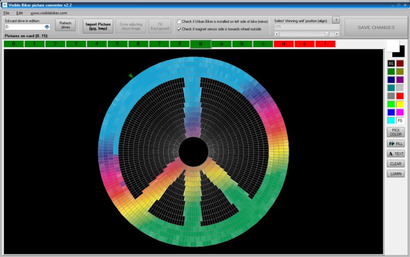 Screenshot of “Visible Biker picture converter v2.2” showing a circular pixel grid with a rainbow ring