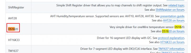 Table with information about various drivers, including DS18B20 highlighted in orange.