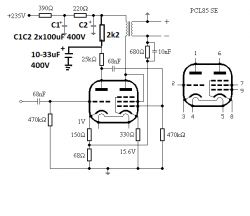 Schemat elektryczny wzmacniacza z lampą PCL85 SE.