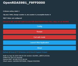 Screenshot of OpenRDA5981 configuration panel in safe mode with reboot errors