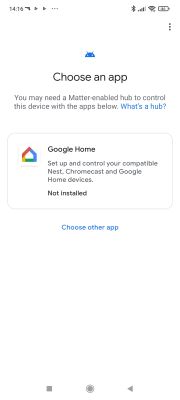Screen for choosing an app to control a Matter device, suggesting installing Google Home.