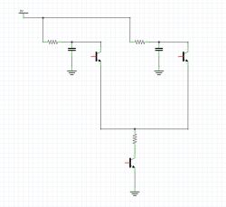 Schemat elektryczny z tranzystorami i pojemnościami Schemat elektryczny z tranzystorami i elementami połączonymi przewodami na siatce.