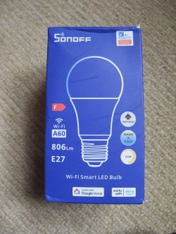 Packaging of a Sonoff Wi-Fi Smart LED Bulb.