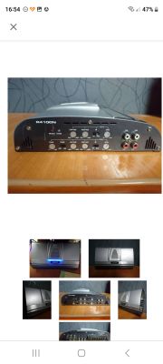 Zdjęcie wzmacniacza samochodowego R4100N z różnymi wejściami i przełącznikami.