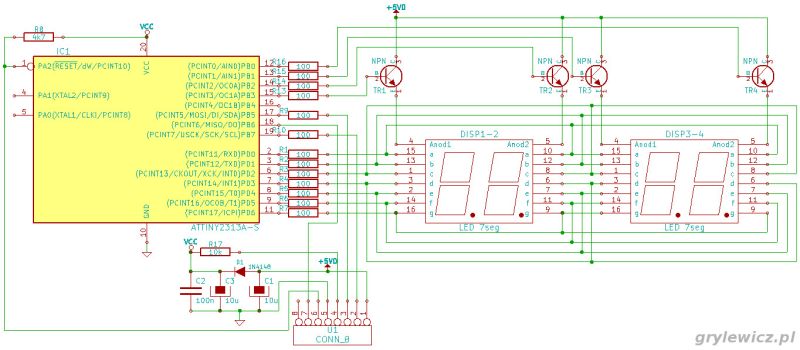 Circuit diagram of a 7-segment LED display controlled by an ATtiny2313 microcontroller.