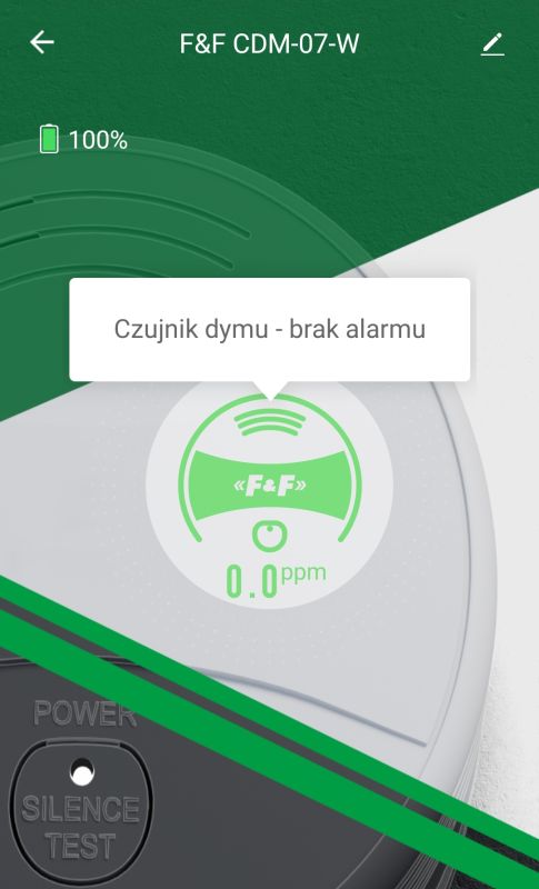 Ekran aplikacji z czujnikiem dymu F&amp;F CDM-07-W pokazującym brak alarmu