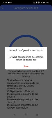 Device Wi-Fi setup screen showing success message and connection details
