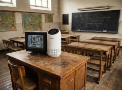 Old CRT monitor and modern air purifier on teacher's desk in school classroom