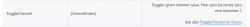 Screenshot of a table with the ToggleChannel command and the ChannelIndex parameter with a description of its function.