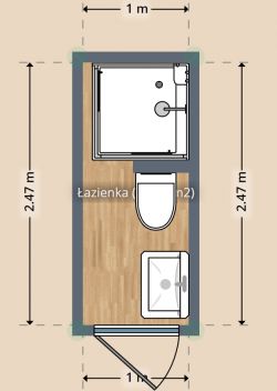 Plan małej łazienki z WC, prysznicem i umywalką
