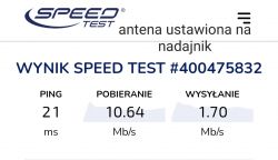 Zrzut ekranu wyniku testu prędkości internetowej z anteną ustawioną na nadajnik.