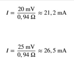 Wzory obliczania prądu: 20 mV/0,94 Ω ≈ 21,2 mA oraz 25 mV/0,94 Ω ≈ 26,5 mA