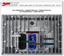 Photo of BOSCH E86 ECU connector with pinout labels for power, ground, CAN, and GPT signals.