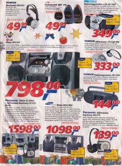 Strona gazetki Media Markt z 2000 r. z zestawami audio i radiomagnetofonami
