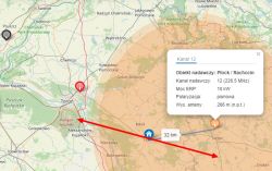Mapa z zaznaczonymi obiektami nadawczymi w Toruniu i Płocku oraz przykładową trasą odbioru sygnału.