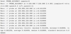 Screenshot of PROBE_ACCURACY log with multiple Z readings and a probe accuracy summary.