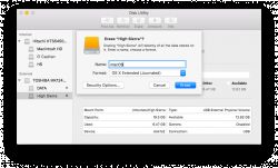 Okno Narzędzia dyskowego w macOS z opcją wymazania dysku USB.